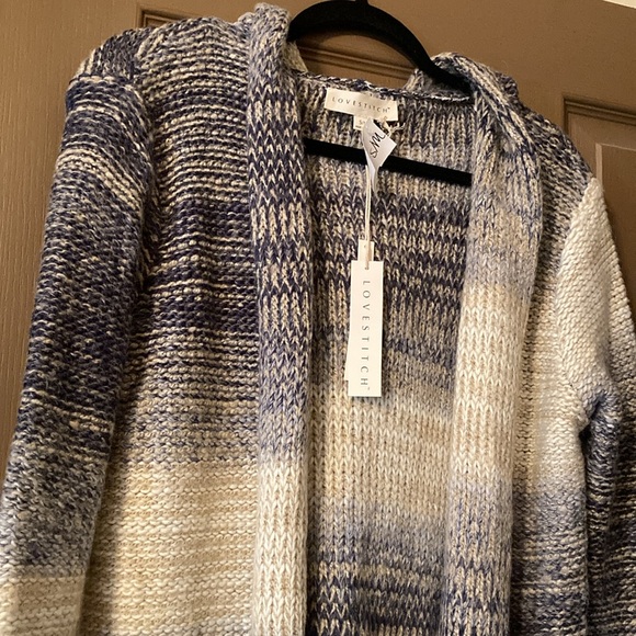 Lovestitch Space Dyed Striped Chunky Knit Open Cardigan Sweater with Hood NWT - Picture 2 of 4